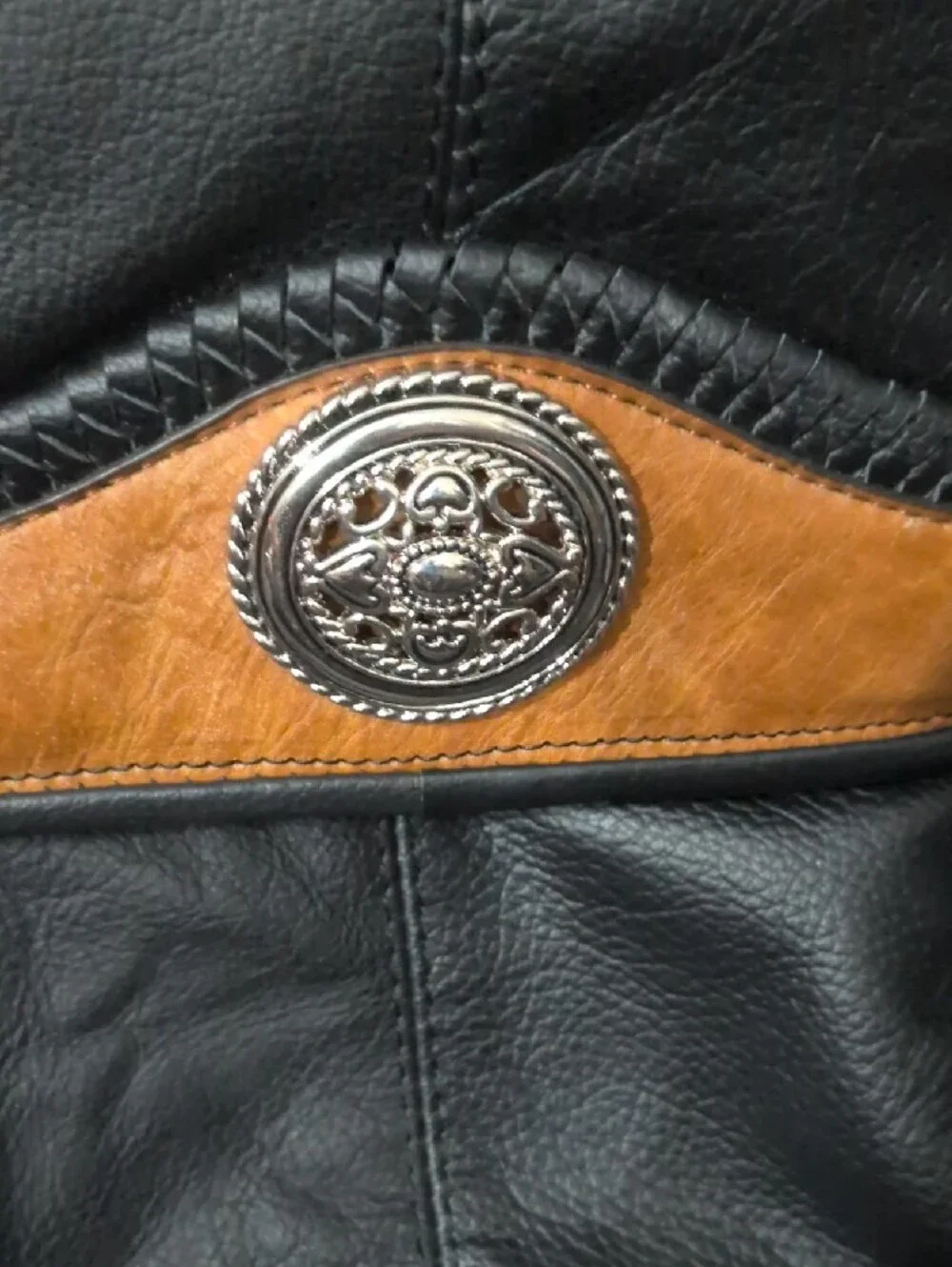 Black and Tan Leather Crossbody Bag with Concho Accent